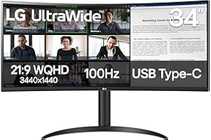 LG 34" UltraWide™ 1800R Curved Monitor WQHD (3440 x 1440) HDR10, 100Hz, USB-C 65W PD, Eyecare Mode, Height Adjustable Stand, 