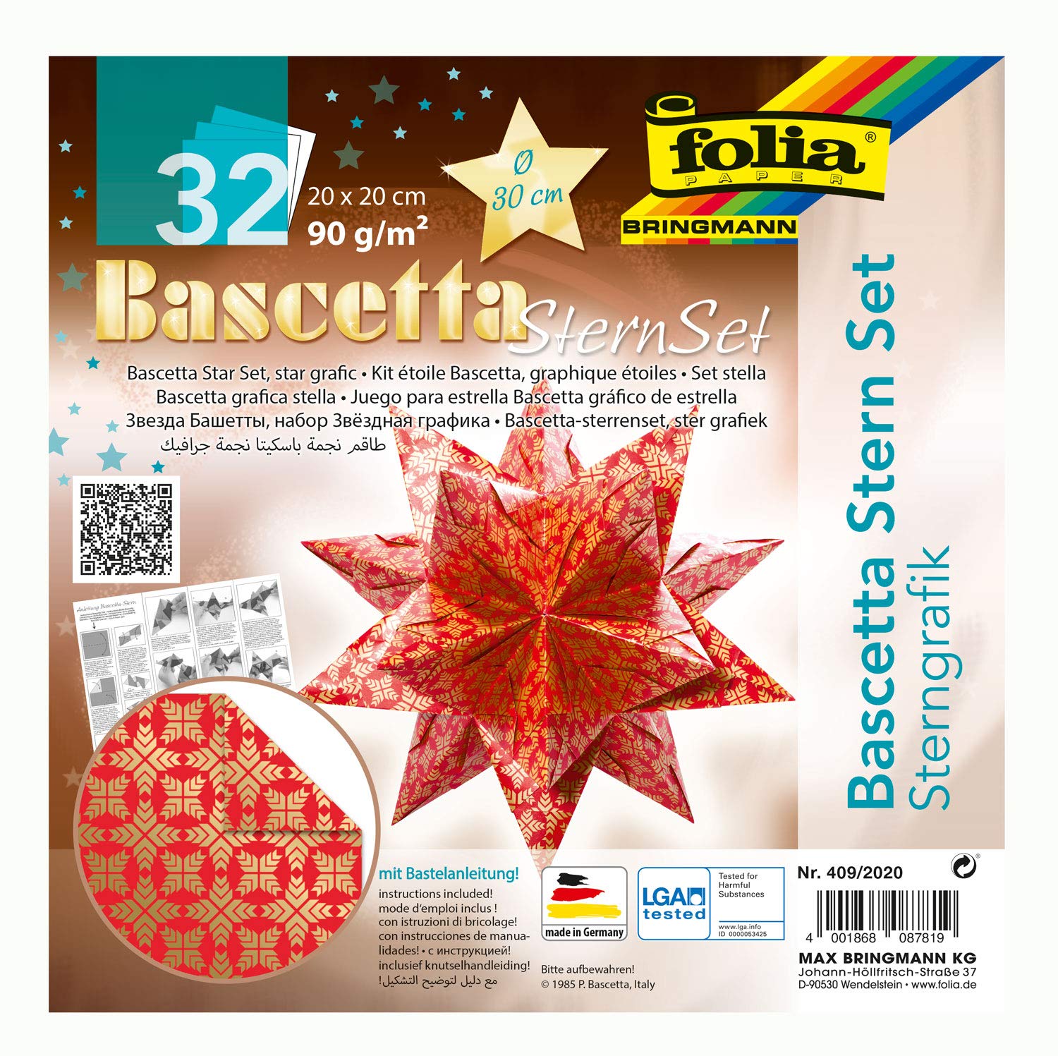 folia 409/2020 - Craft Set Bascetta Star Graphic Red/Gold, 32 Sheets, 20 x 20 cm, Finished Size of Paper Star Approx. 30 cm, with Detailed Instructions (English Language not Guaranteed) - Ideal for