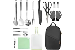 LASUK Grill Tools, 8/16/32PCS Cookware Kit with Storage Bag, Stainless Steel Camping Essentials Gear for Camp, BBQ, Kitchen Cooking and Grilling