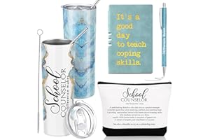 Sunnychicc 4 Pcs School Counselor Gifts Include 20oz Stainless Steel Tumbler Appreciation Makeup Bag Leather Notebook Thank You Pens End of Year Gift for Educator Teacher(Blue)
