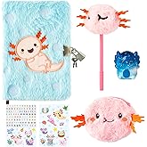 CY2SIDE 6PCS Axolotl Diary with Lock and Keys for Kids, Axolotl Plush Secret Diary Notebook with Coin Purse Pen Stickers and Squeeze Toy, Idea Birthday Christams Gifts for Teen 6 7 8 Girls DIY Gift