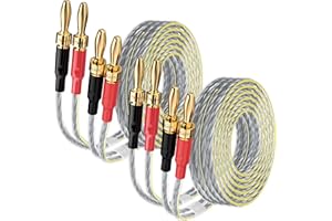 Mygatti 2 Pack 16/2 Speaker Flat Wire Cable with Banana Tip Plugs 10 FT, 16 Gauge AWG Wire, Tinned OFC Copper, Transparent Jacket with Yellow Polarity Marker, for Indoor & Outdoor, Hi-Fi