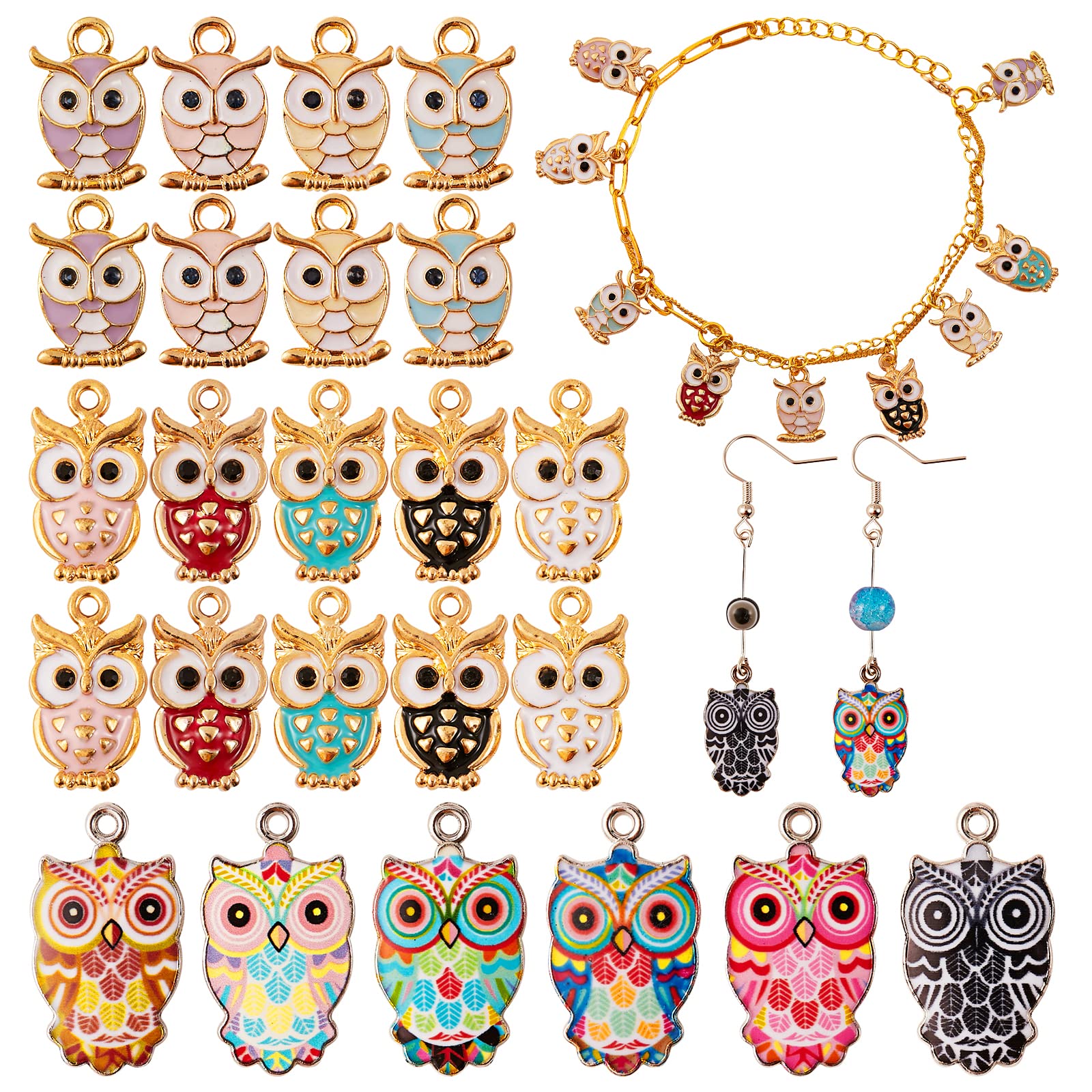 COGCHARGER 30 Pcs Owl Enamel Charms Pendants Colorful Owl Charms Pendant for Jewelry Necklace Earring Keychain Making Crafts