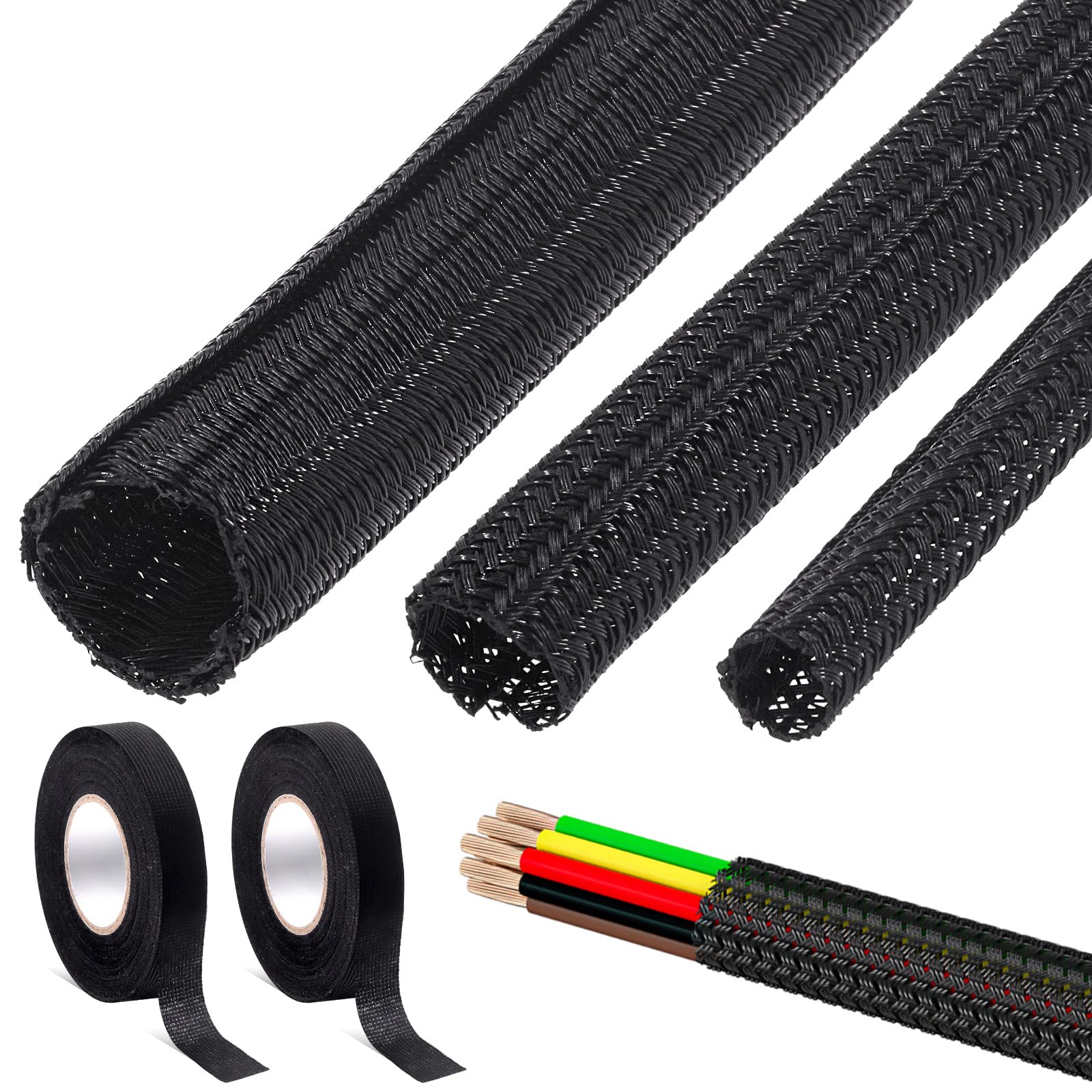 Tanstic 5Pcs 3/4+1/2+1/4 Inch Braided Cable Sleeve with Wire Loom Harness Tape, Cord Protector Wire Loom Tubing Cable Sleeve Split Sleeving Braided Sleeving for Computer USB Audio Video Cable