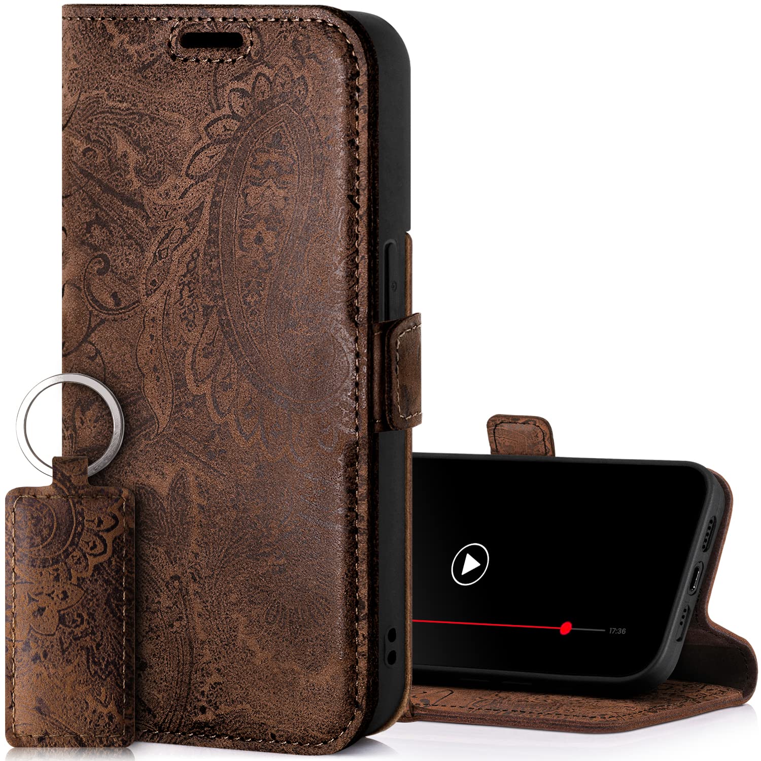 SURAZO Leather Wallet Mobile Phone Case Compatible with Apple iPhone 14 Plus - Flip & Fold Smartphone Case with Stand RFID Blocker Magnet Closure 3 Slots for Bank Cards - Handcrafted European Leather