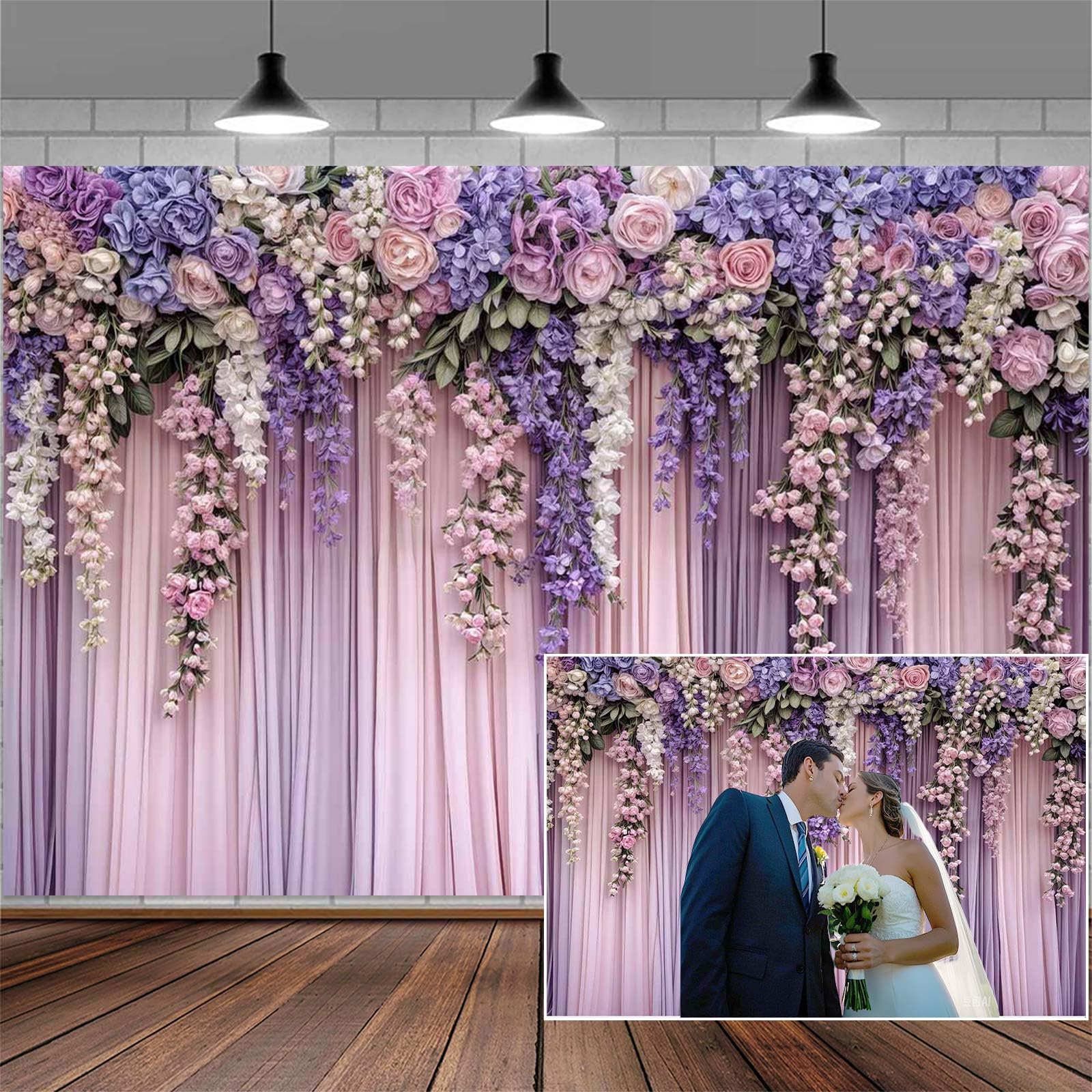 Photo 1 of 10x8ft Purple Flower Wedding Photography Backdrop Lavender Floral Bridal Photography Backdrop Anniversary Birthday Baby Shower Girl Party Banner Photo Booth Props Background Wall Decor