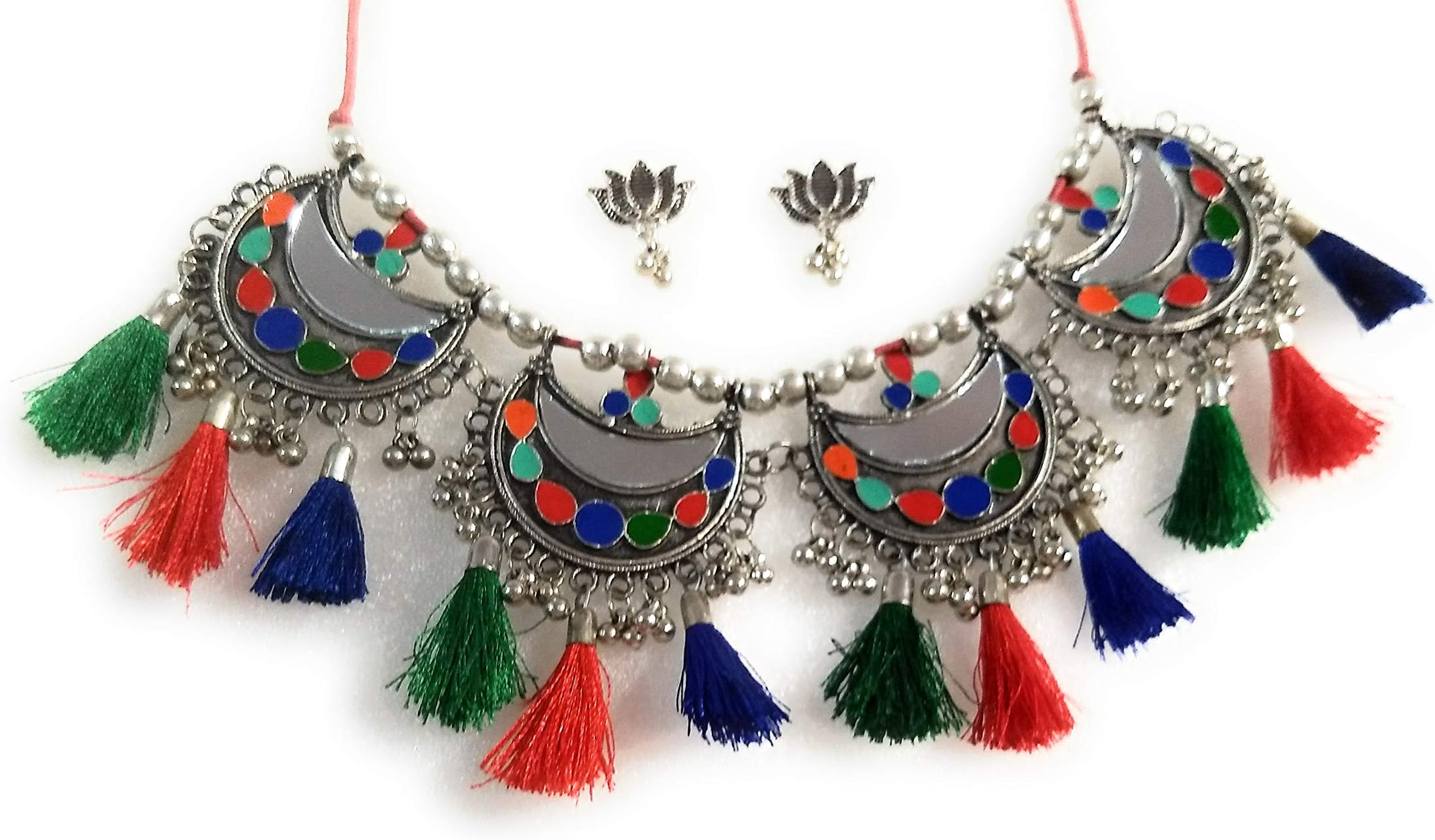 Sohum Oxidized Multi Color Mirror Choker Necklace with Lotus Jhumki