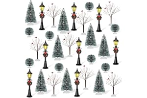 KVCSYAW 32 PCS Christmas Figurine Village Accessories, Mini Street Light Models with Brush Trees, Miniature Christmas Pathway Street Lamps Lantern Post for DIY Micro Landscape Fairy Garden
