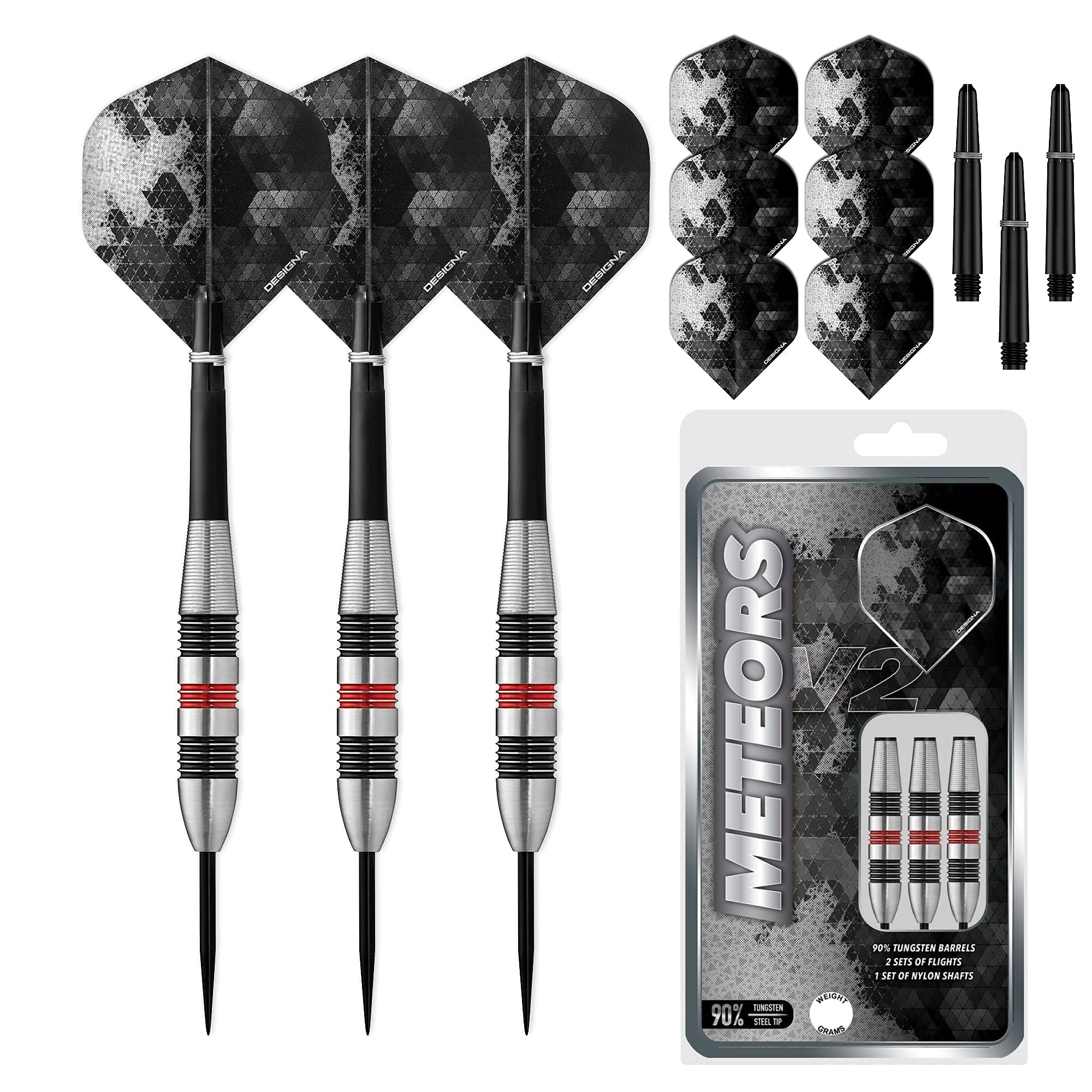 DESIGNA DARTS Meteors 90 V2 Darts | M2 | Ringed Steel Tip Darts Set | 38g (D8648)