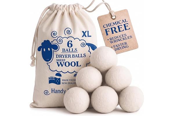 Handy Laundry Sheep Wool Dryer Balls Pack of 6 Premium 100% Natural XL Fabric Softener Reusable, Saves Drying Time