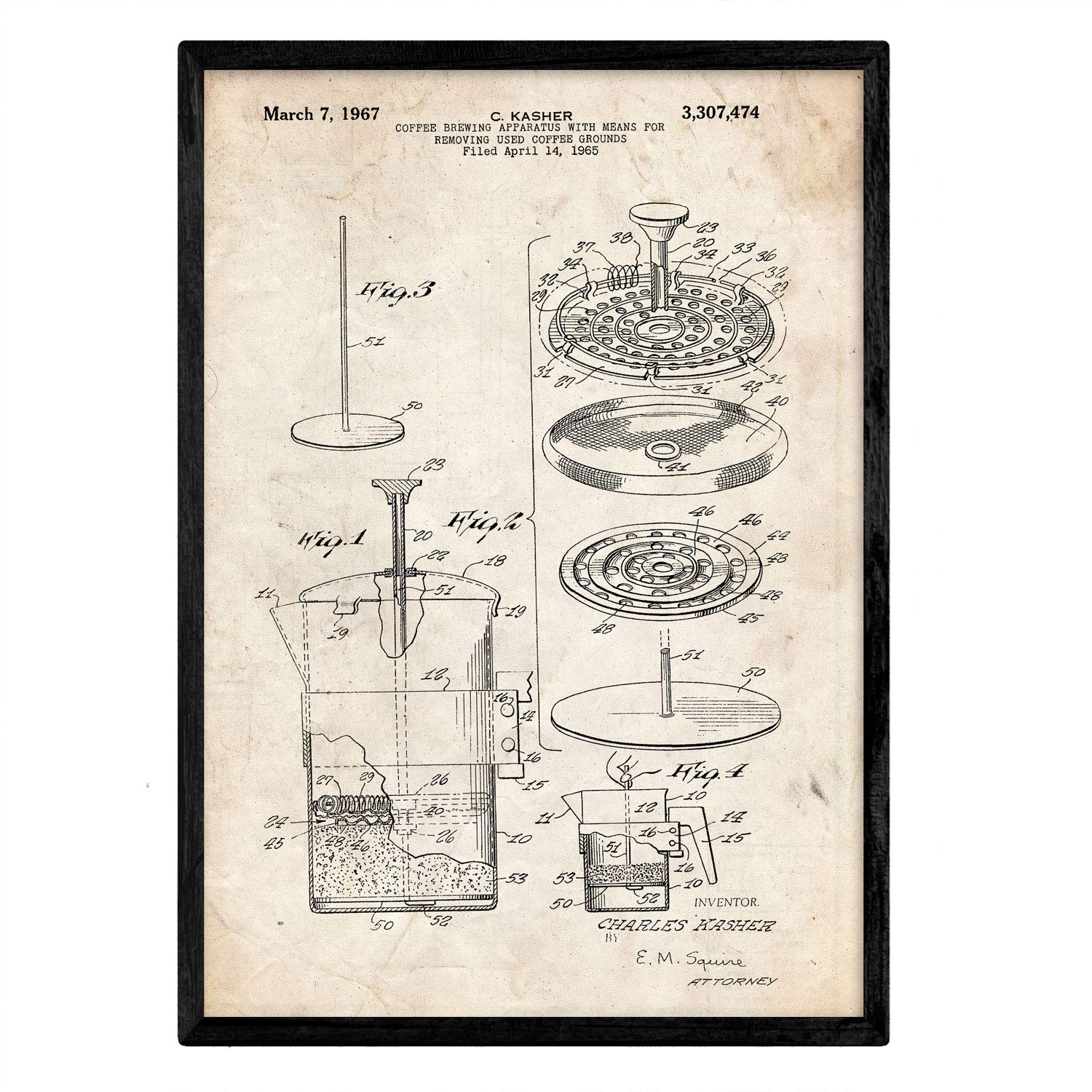 Nacnic Poster patent coffee 3. Foil with old design patent in A3 size and vintage background