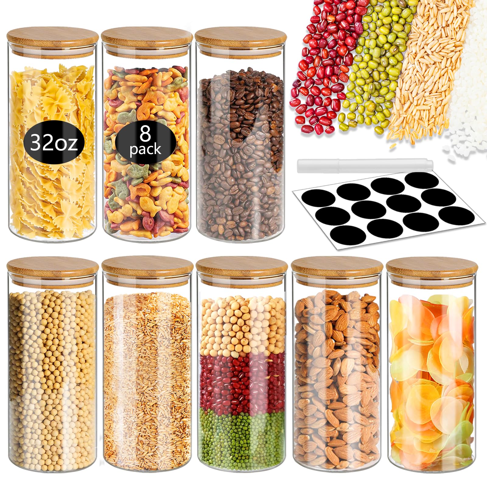 Photo 1 of **MISSING PARTS***SLifeJars-32 oz Glass Jars with Bamboo Lids 7 pcs Glass Food Storage Containers with Airtight Bamboo Lids, Glass Canisters Stackable Kitchen Pantry bamboo lid for Coffee Beans, Rice, Sugar and More
