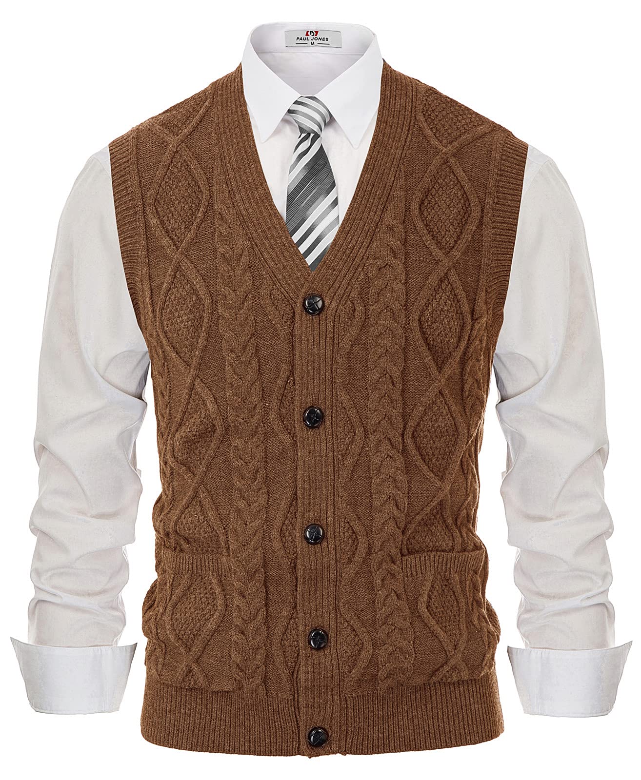 PJ PAUL JONES Men's V Neck Sweater Vest Sleeveless Button Down Knitting Cardigans Camel S Image