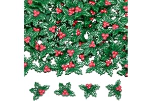 VIORAWHITE 100 Pcs Mini Christmas Decorations Miniature Resin Triple Leaf Holly Berries Ornament Christmas Simulation Holly Berries Leaves DIY Tiny Craft Charms for Xmas Tree Wreath Card Gift Fillers Supplies