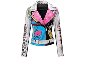 RISISSIDA Women Faux Leather Studded Jacket,Moto Biker Trendy Streetwear Belted
