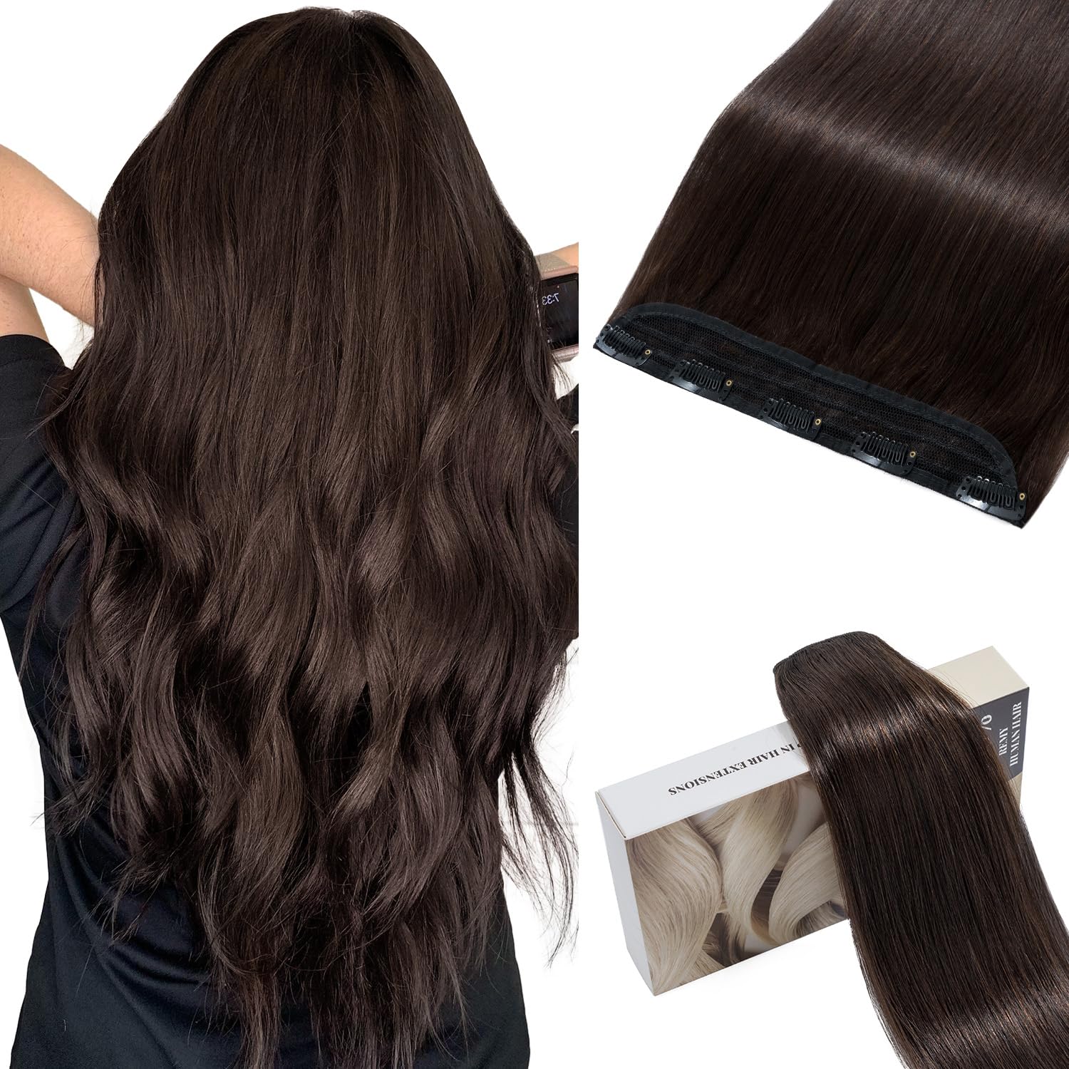 Photo 1 of TESSHAIR 5 Clip One Piece Clip in Hair Extensions Real Human Hair 18 Inch Human Hair Clip in Extensions Dark Brown 3/4 Full Head Hair Extensions Clip ins Long Straight 50g