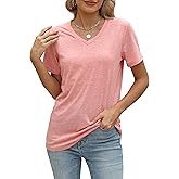 BYIPY Womens V-Neck T Shirts Summer Short Sleeve Tops Casual Solid Color Tee Soft Basics Tshirt