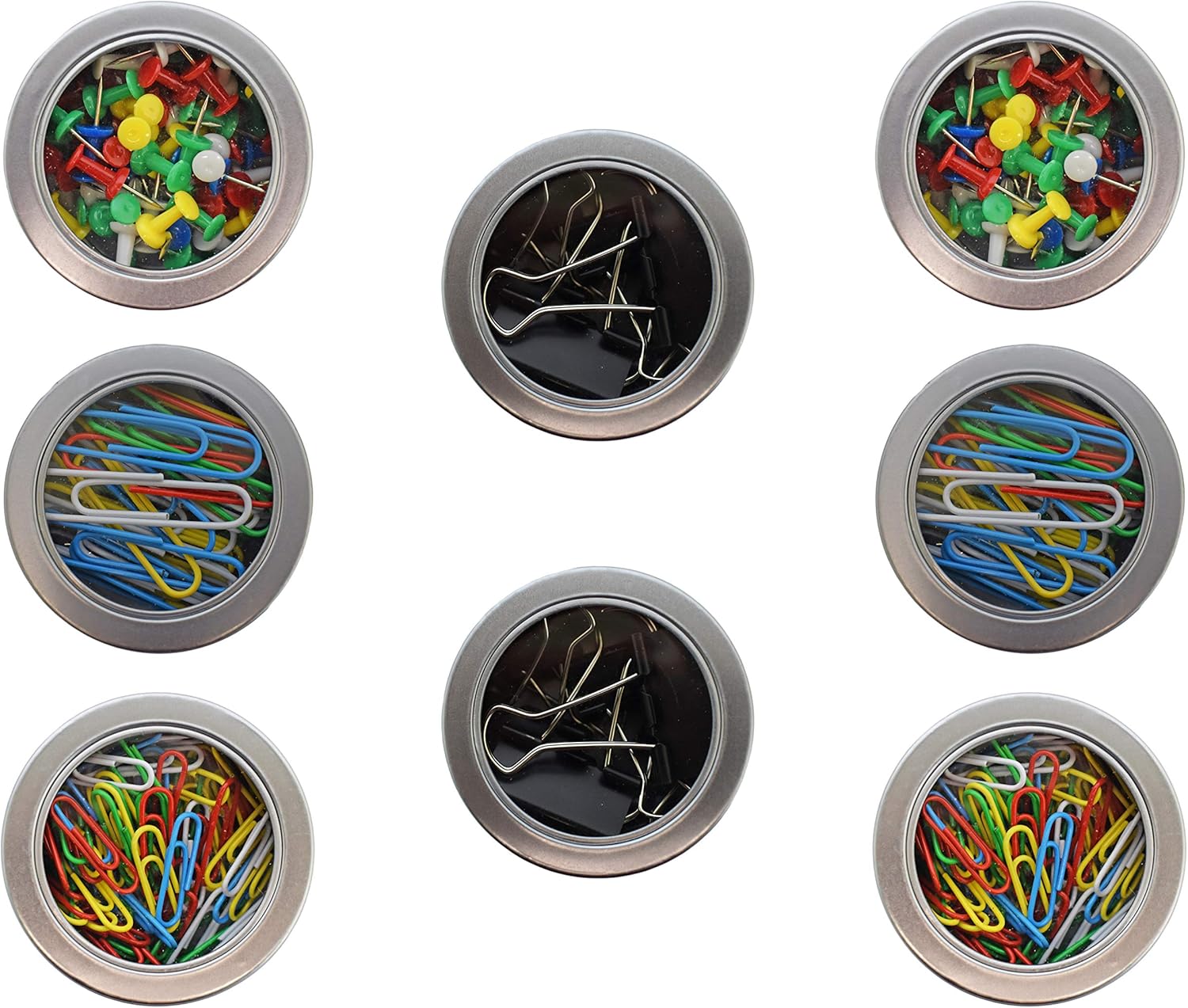 Set of 8 Stationary Filled Magnetic Tins -4 Pack (Push Pins, Paper Clips, Binder Clips) (8 Magnetic Tins)
