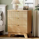Fluted Nightstand with Charging Station, 24" Wide Bedside Table with 3 Large Storage Drawers, Modern Wood Side Table Night Stand, End Table Small Dresser for Bedroom, Living Room, Dorm, Natural Oak