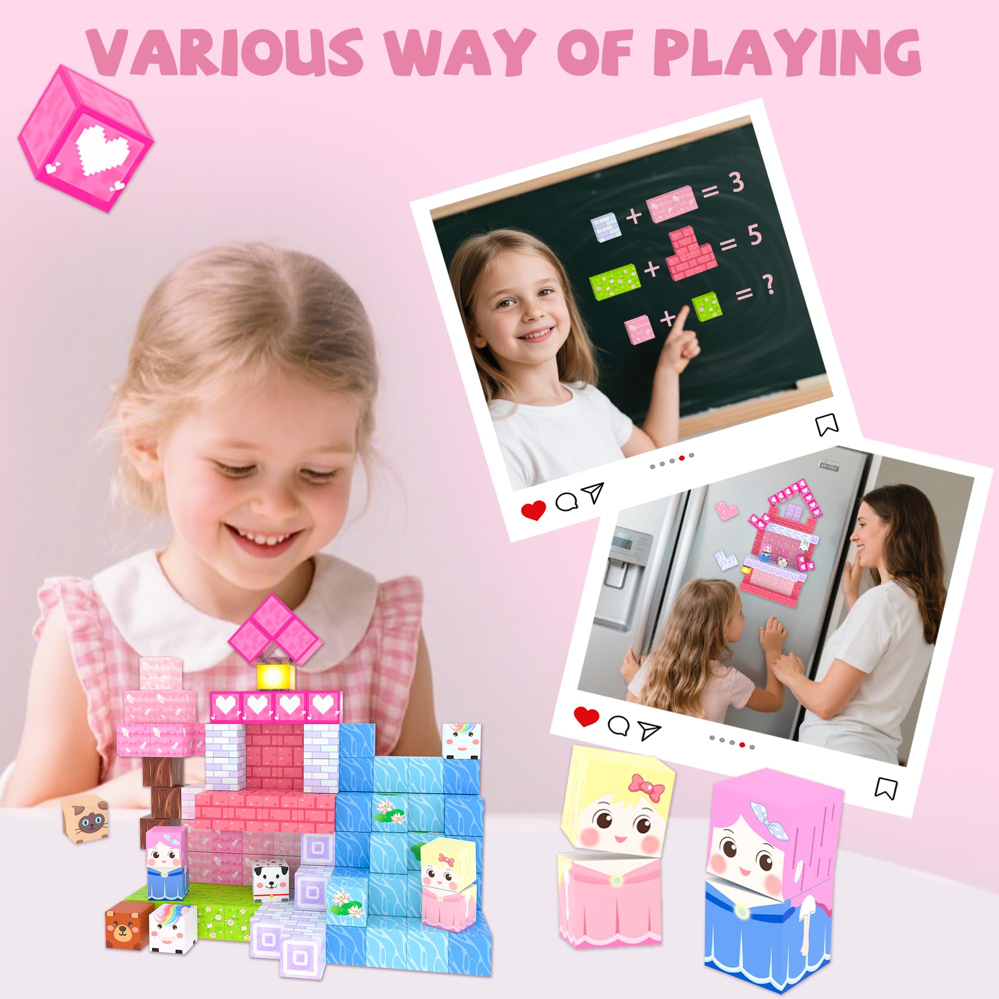 Winchoice 100PCS Magnetic Blocks Princess Building Toys for Girls 3+, Magnetic Cubes Sensory Gifts for Kids, Pink Magnet Blocks for Christmas Birthday, 1 Inch