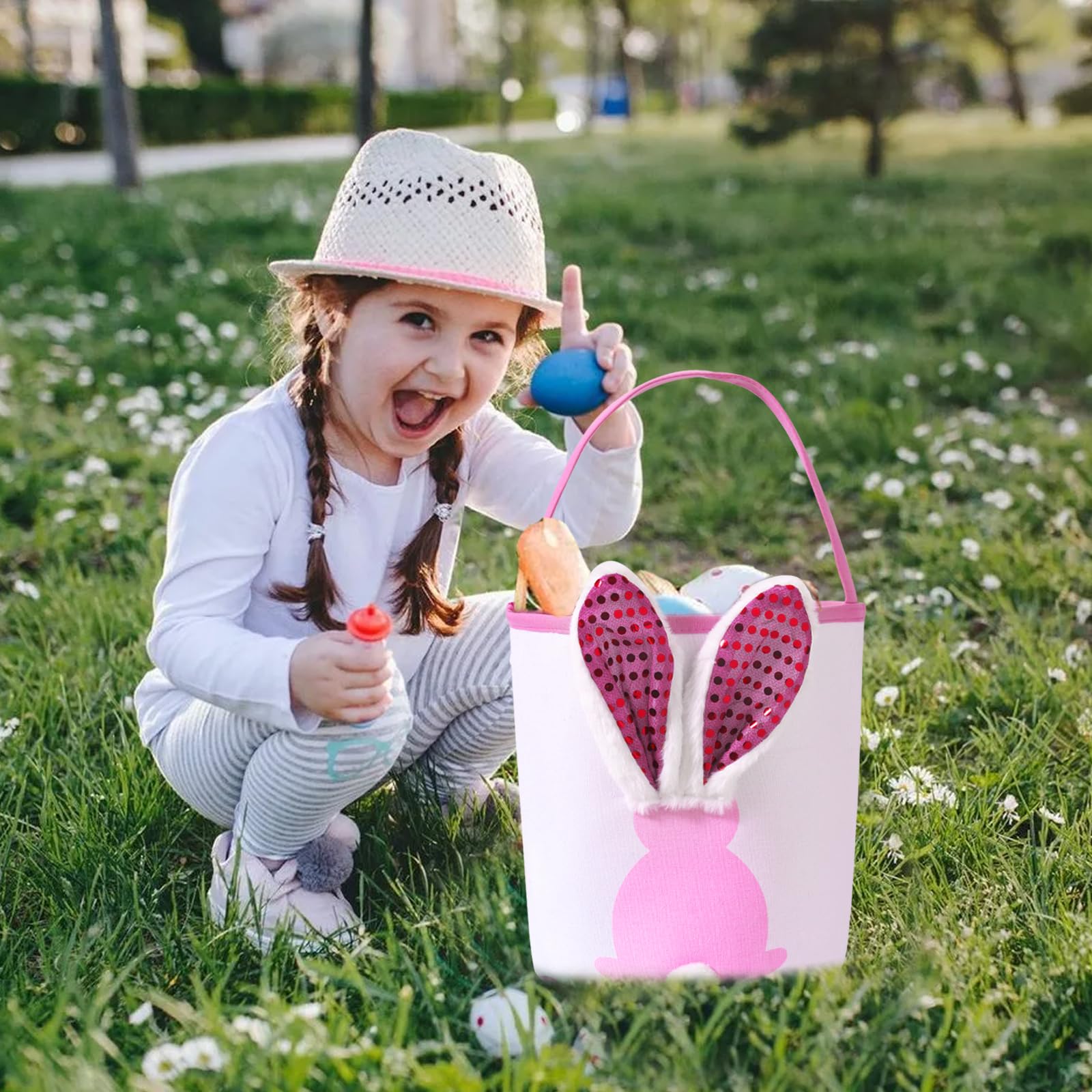 Easter Bunny Baskets Empty with Lights, Large Easter Egg Hunt Baskets for Kids, Canvas Easter Basket Candy Tote Bags with Handles, Easter Decorations Party Supplies (Blue + Pink)
