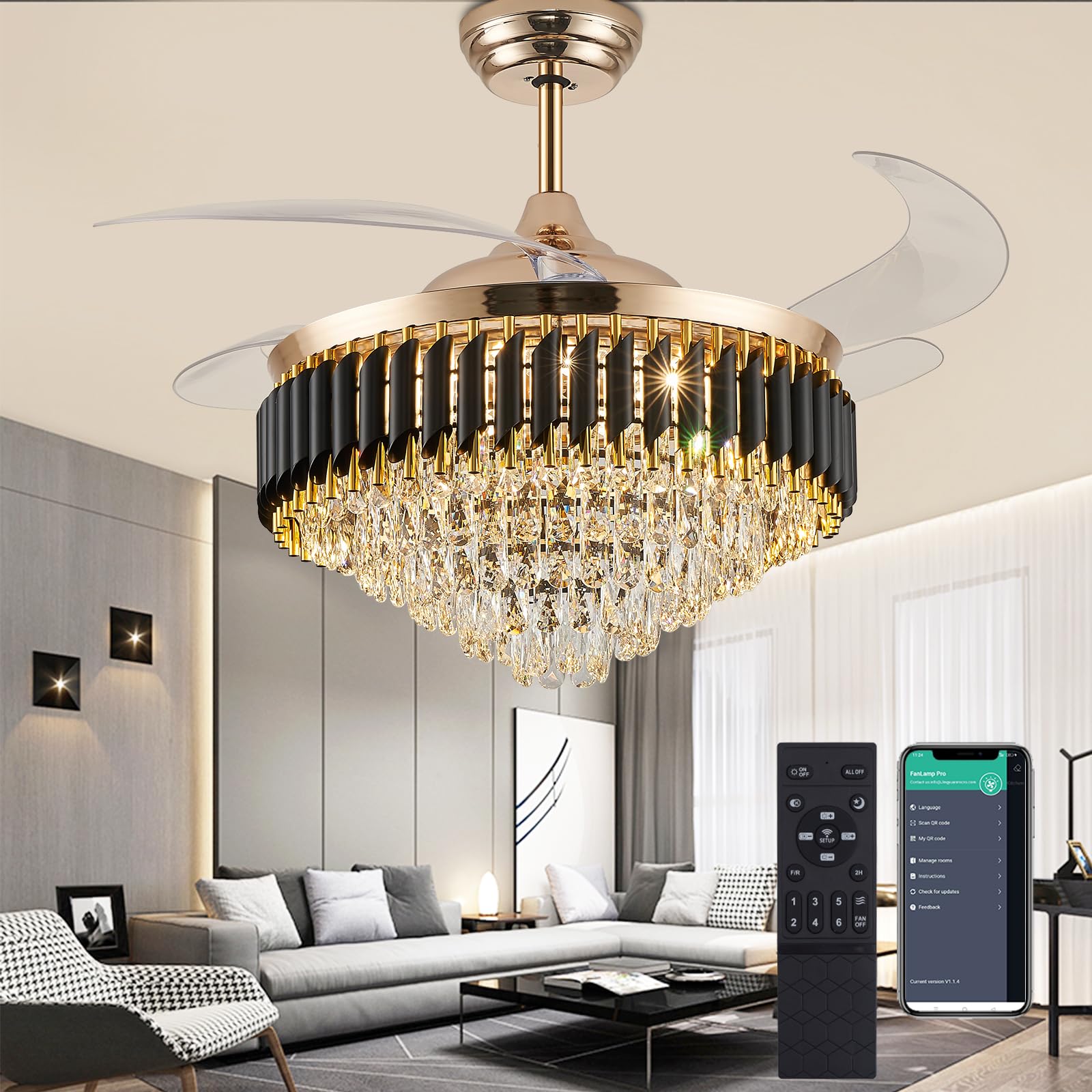 Photo 1 of 52" Gold Fandelier Ceiling Fans with Lights and Remote,Dimmable LED Crystal Chandelier with fan,Modern Retractable Invisible Ceiling Fan with Light for Dinning Room Living Room Kitchen Bedroom