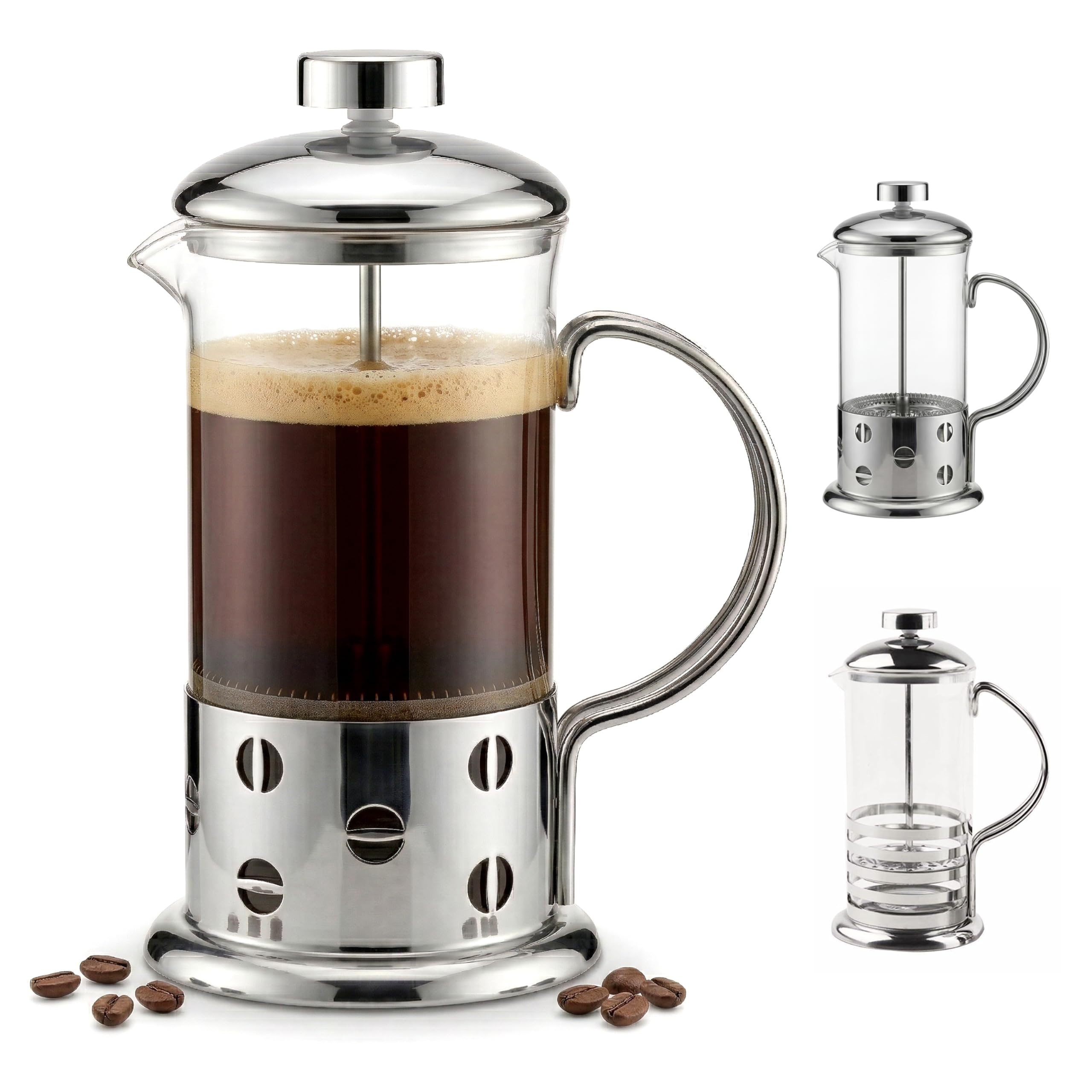GEEZY 350ml / 3 Cup French Press Cafetiere - Stainless Steel & Glass Coffee Maker in Assorted Designs - Sustainable Coffee Press Plunger for Ground Beans & Tea