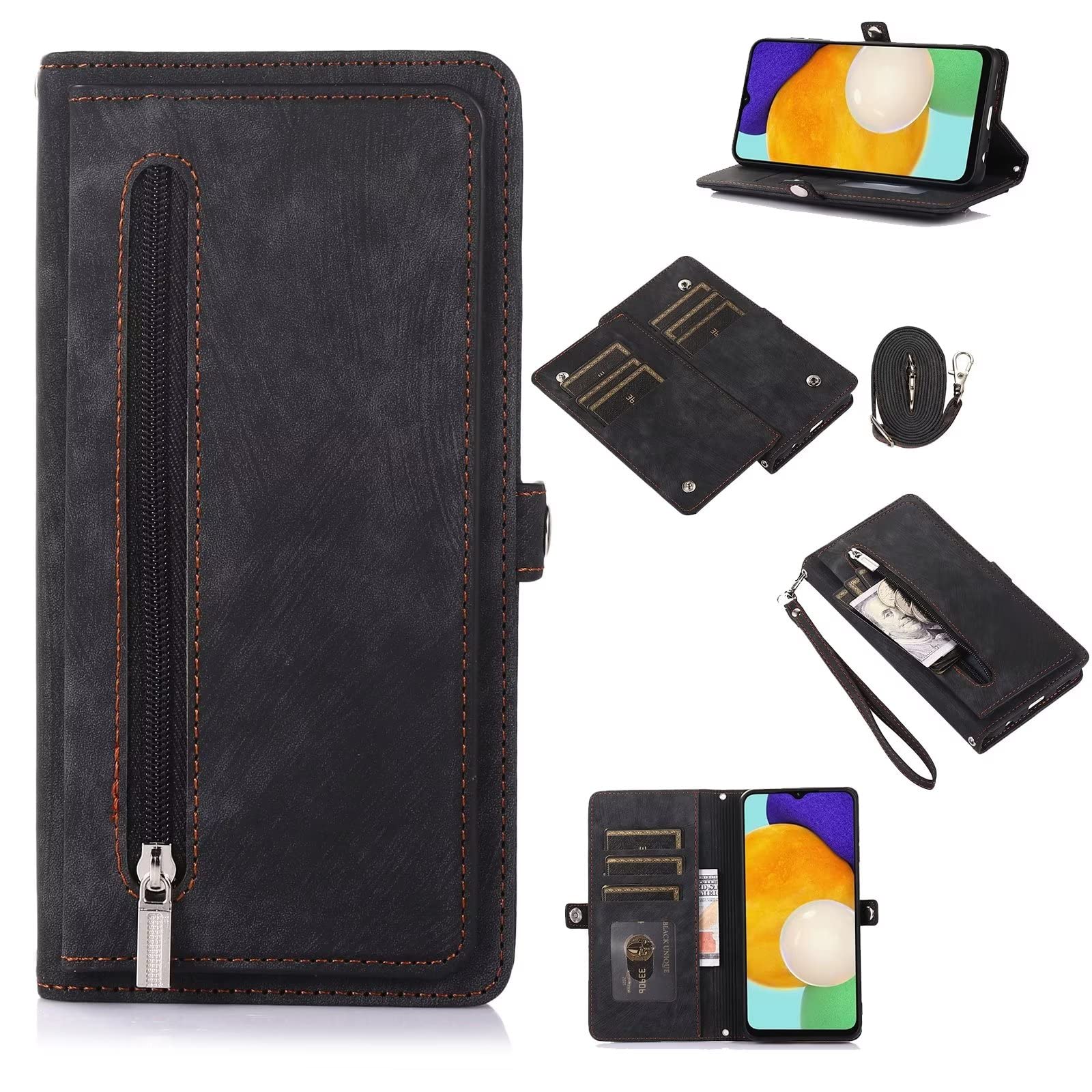 ESONG Case for Xiaomi Redmi Note 12 Pro+,Premium Leather Flip Zipper Wallet Cover with[9 Card Slots][Magnetic Closure][Wrist Strap][Kickstand]Full Body Protection Crossbody Phone Case,black