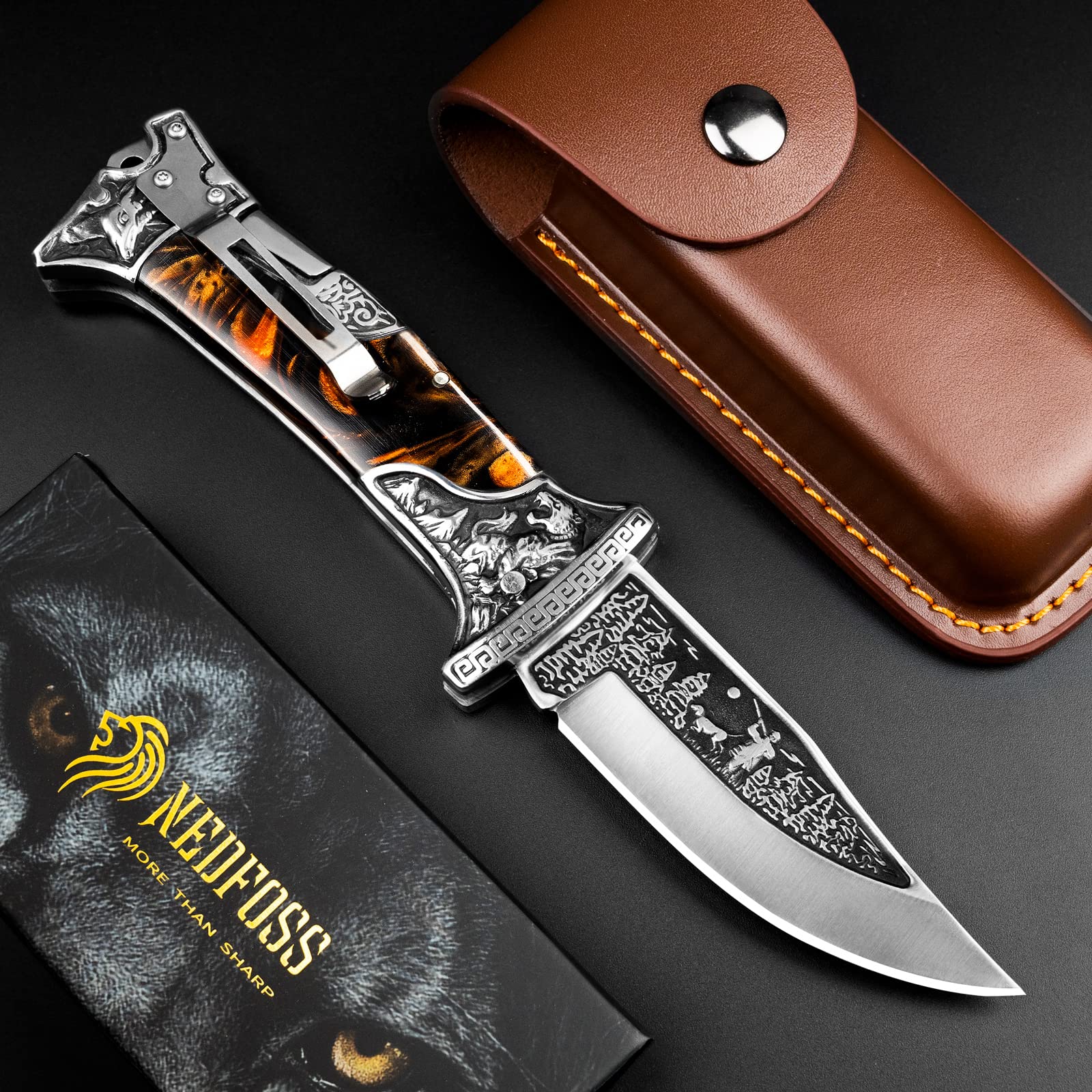 NedFoss TIGER-ROAR Zweihandmesser, Legale mitführbares Taschenmesser, 10cm Klappmesser mit Holster, Schwere EDC Messer mit Gürtelclip, Scharfes Zweihand Klappmesser Outdoor für Sammlung & Geschenke 5