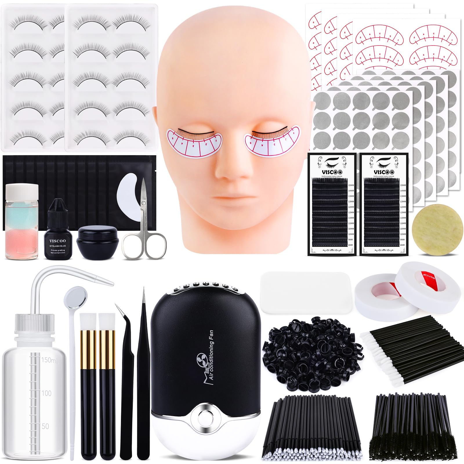Photo 1 of Eyelash Extension Kit for Beginners, Professional Lash Extension Kit with Mannequin Head, Lash Starter Kit with Lash Fan, Lash Extension Supplies for Practice Training Kit(Black)