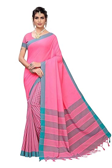 Womens Cotton Silk Saree With Blouse (LINEN PALLU)