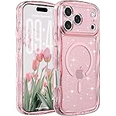 FABSPARK Case for iPhone 17 Pro Max,Compatible with MagSafe,Magnetic Clear Curly Wavy Frame Wave Case with Sparkly Bling Glitter,Transparent Acrylic Hard PC for iPhone 17 Pro Max,Glitter Clear Pink