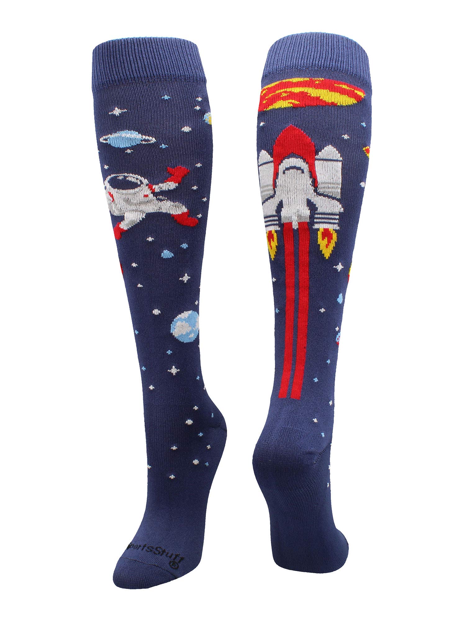 MadSportsStuff Calcetines espaciales de astronauta para niños – Calcetines divertidos del espacio exterior para niños niñas fútbol y béisbol (azul marino/rojo/blanco, mediano)