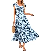 MASCOMODA Womens Summer Maxi Dress Casual V Neck Cap Sleeve Smocked Dresses Ruffle Tiered Beach Party Long Flowy Sundresses