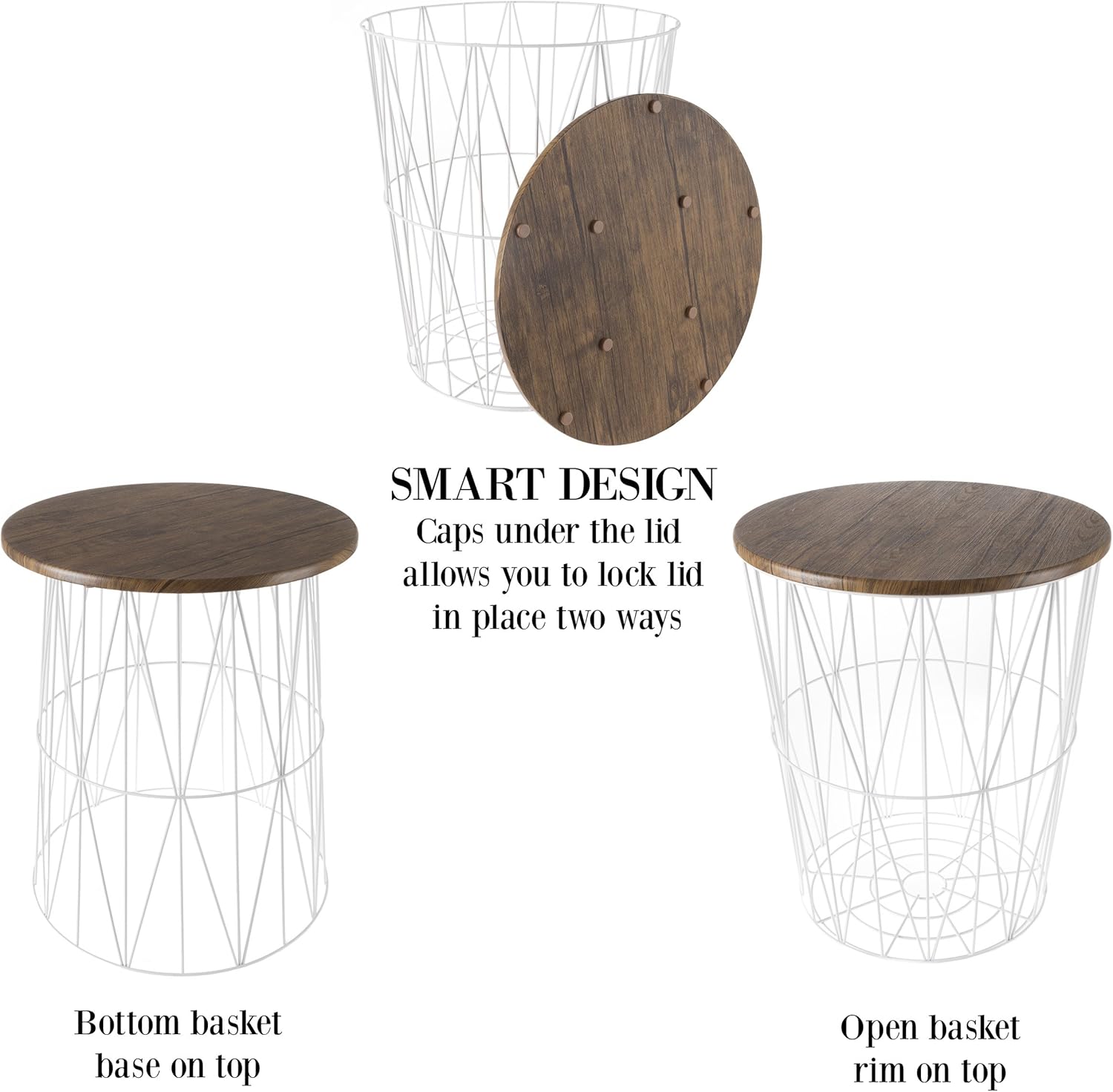 Lavish Home Convertible Round Metal Basket Veneer Wood Top Accent Side Home and Office Nesting End Tables with Storage- (Set of 2), White: Home & Kitchen