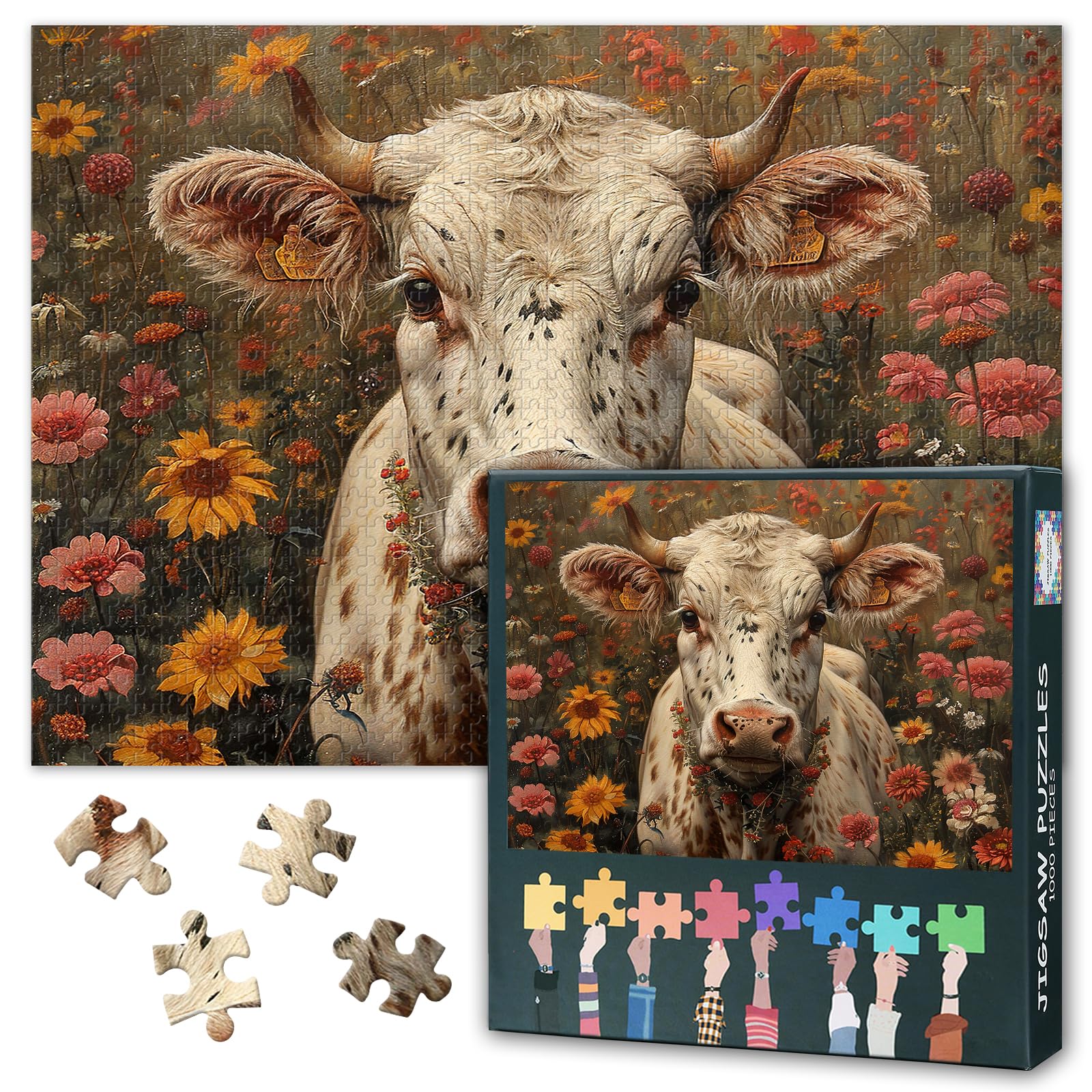 Cow Puzzles for Adults 1000 Pieces, Cow with a Tag in its Ear Jigsaw Puzzles, Field of Flowers Jigsaw Puzzle, Challenging Game Home Decor Birthday Party Gift Toy for Adults Kids Seniors 20X27 INCH