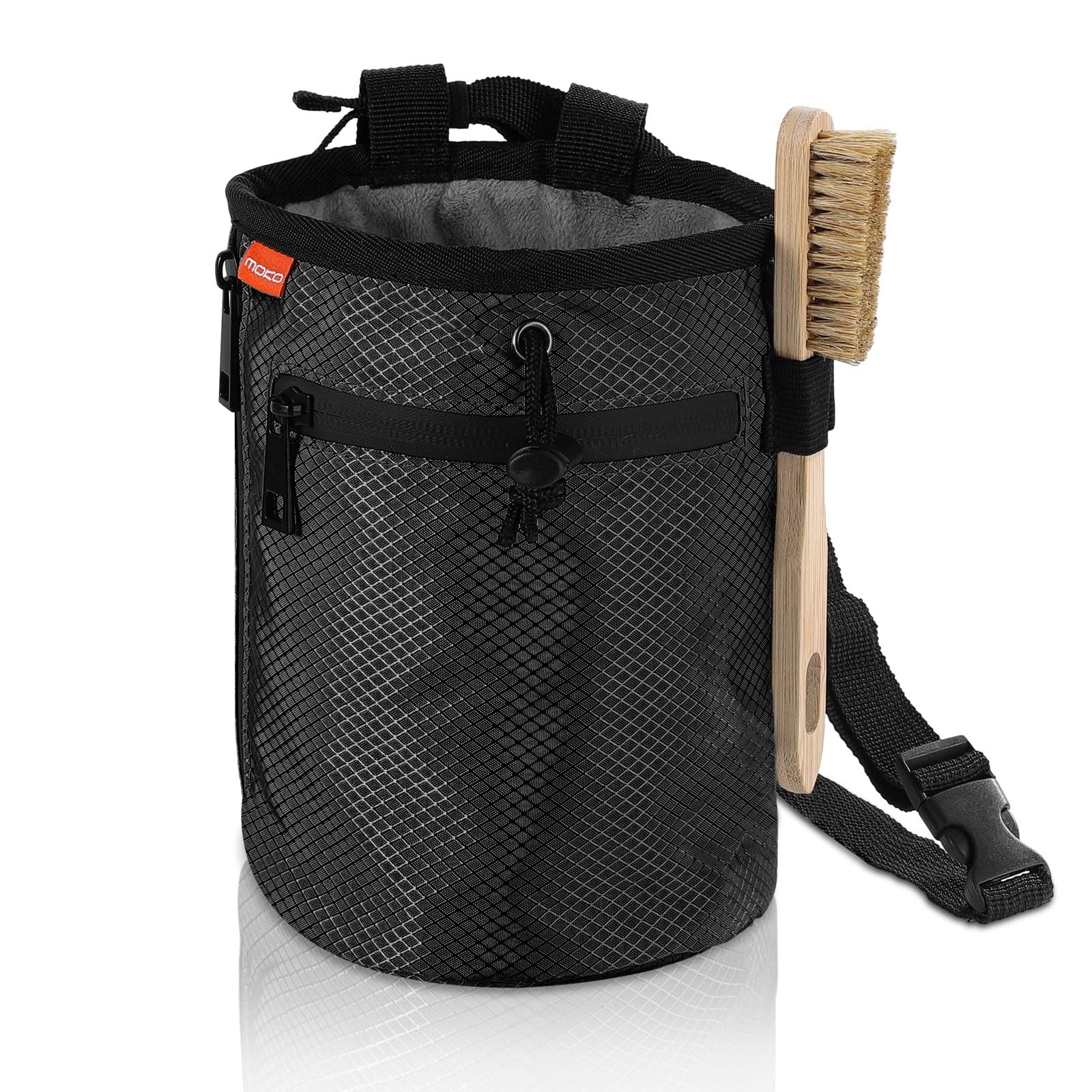 MoKo Climbing Chalk Bag with Chalk Brush, Waterproof Nylon Bouldering Chalk Bag Bucket with 2 Large Zippered Storage Pockets Drawstring Closure Adjustable Belt Chalk Bag for Climbing Gymnastics, Black