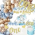 SCMDOTI First Birthday Decorations for Boy with Blue Balloons Garland, Elephant Backdrop and Banner