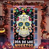 Day of The Dead Door Cover, Dia De Los Muertos Backdrop Decorations, Sugar Skull Rose Door Banner Mexican Fiesta Day of The Dead Party Decorations