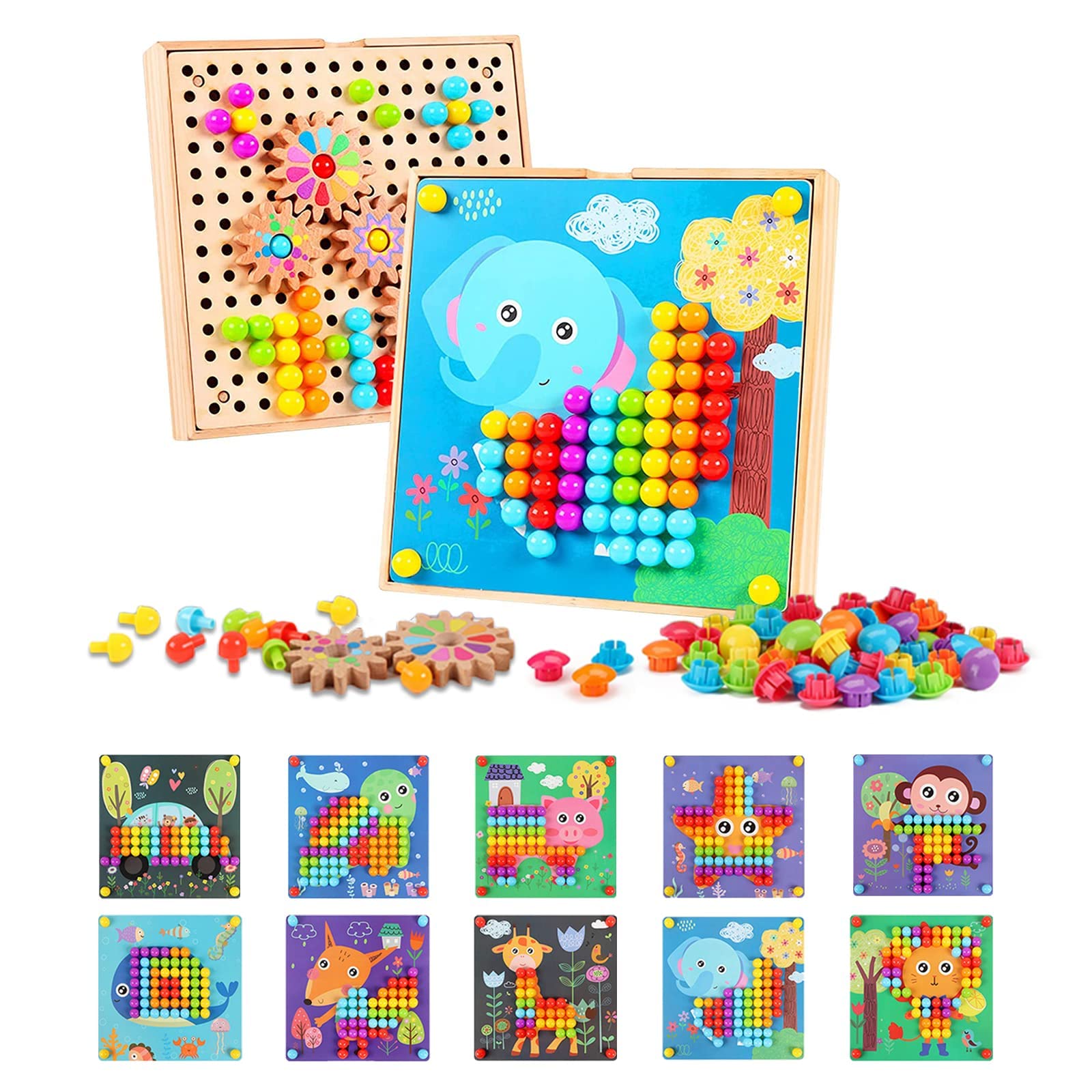 Nukdey Button Art Toys 180 PCS Mosaic Pegboard for Toddlers Mushroom Nails Jigsaw Puzzle Toy with 3 Gears Early Learning Educational Montessori Toys with Pegs for 3 4 5 6 Years Old Kids Boys Girls