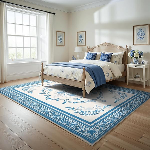 SOULFUL MEDIUM PILE 4X6 RUGS FOR LIVING ROOM – COZY SOFT UNDERFOOT AREA RUG – BLUE BOHO FLORAL – WASHABLE NON-SLIP – PERFECT FOR BEDROOM KIDS ROOM UNDER DINING TABLE OFFICE