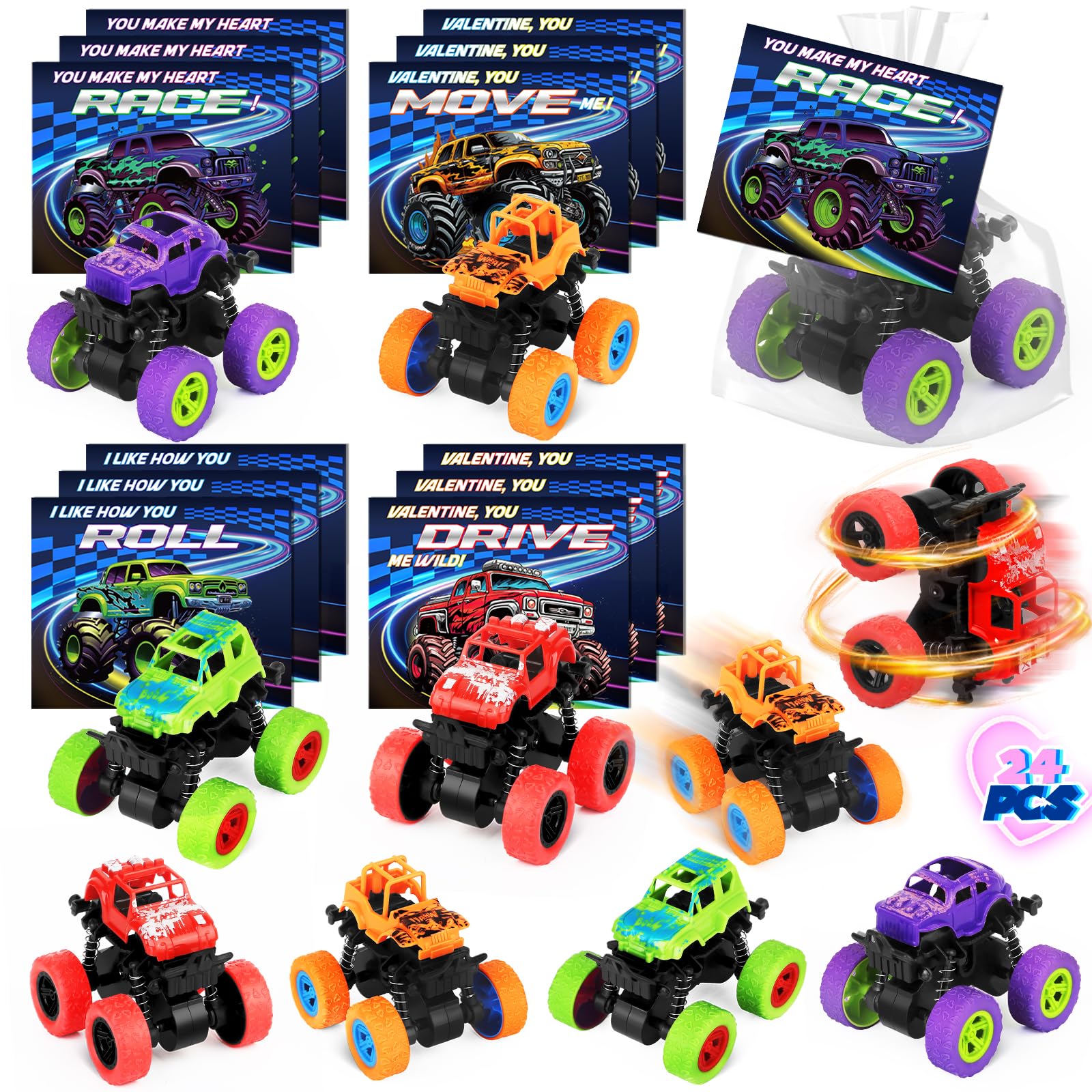 SpringFlower 24 Pack Valentines Day Cards for Kids with Monster Truck ...