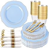 Liacere 350PCS Bule Plastic Plates - Disposable Bule and Gold Plates 50guest Baroque Plastic Dinnerware include 100Plates, 50Pack Pre Rolled Napkins with Silverware 50Cups for Wedding&Mother's Day