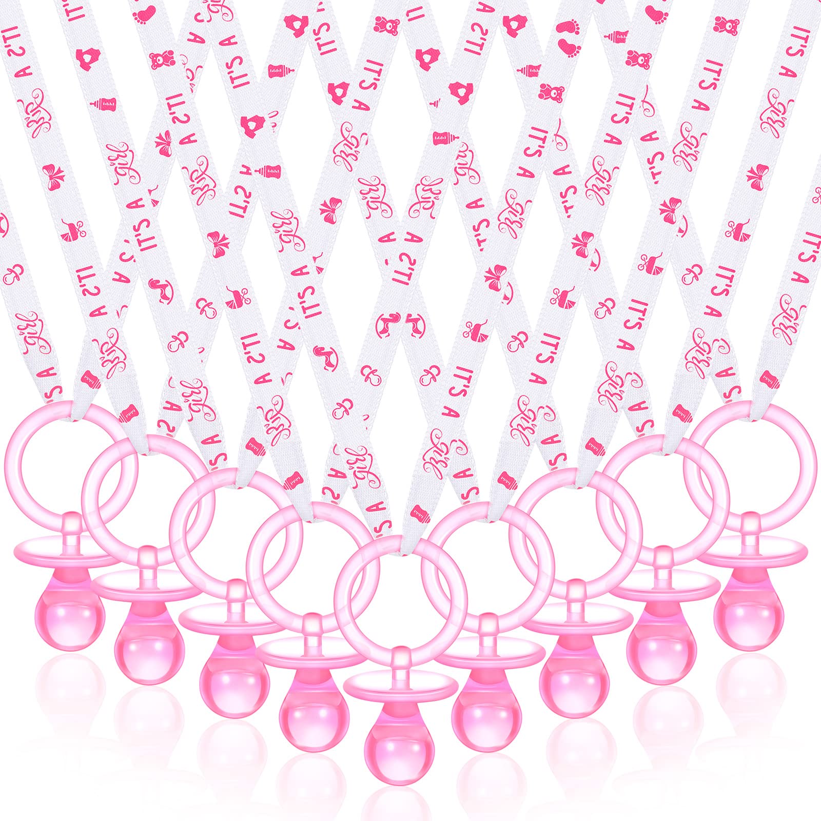 Photo 1 of Coume 36 Pcs Baby Shower Pacifiers Necklace Acrylic Baby Pacifiers Party Favors Charm Necklace for Girls Boys Shower Party Decorations Gender Reveal Table Scatter(White, Pink)