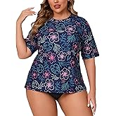Halcurt Women's Plus Size Rash Guard Short Sleeve Swim Shirt with Built in Bra UPF50+ Sun Protection Swimsuit Top