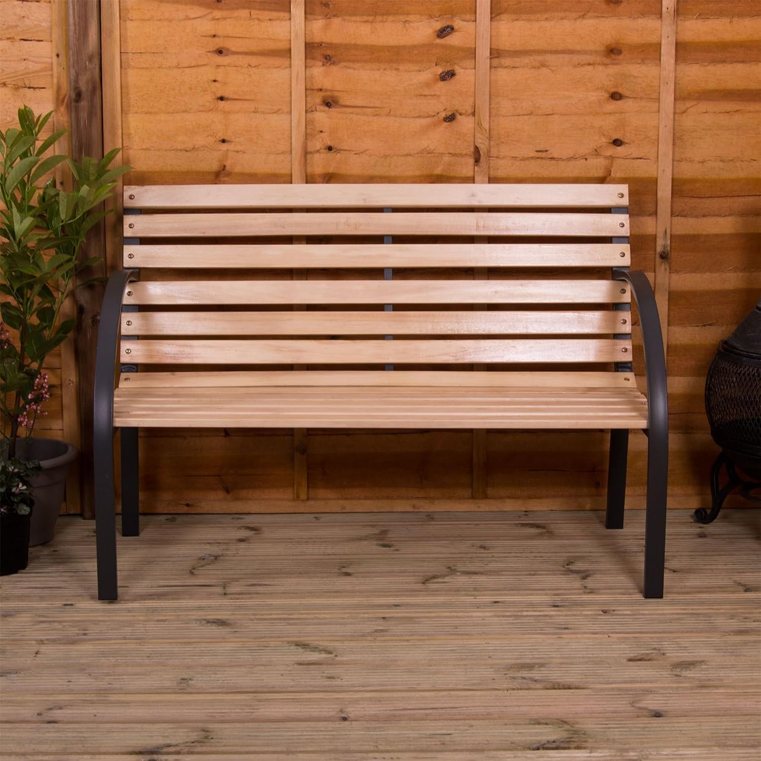Garden Vida Slatted Garden Bench Wooden Seater Outdoor Furniture Seating Wood Slats Steel Legs Park Patio Seat - Image 4