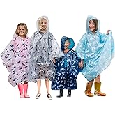 Disposable Rain Ponchos Kids - Emergency Kids Rain Poncho - 4 Pack Hooded Ponchos for Boys and Girls With Fun Designs