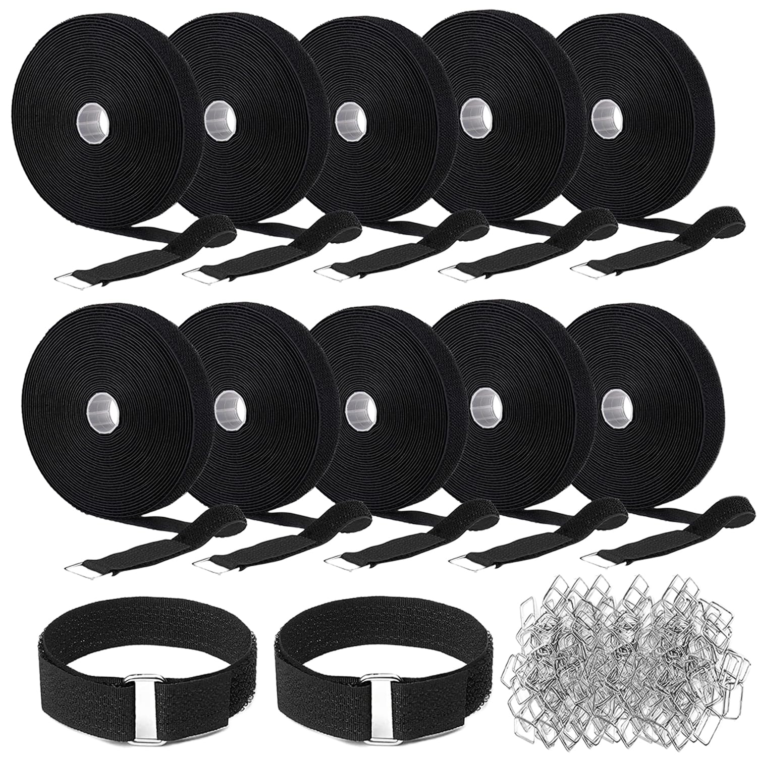 Photo 1 of (5 Sets) 2 Rolls 32 ft Straps 1 Inch Wide with 40 Metal Buckles, Adjustable Fastening Hook and Loop Straps, Reusable Cut-to-Length Nylon Cinch Cable Straps for Organizer or Storage, Black