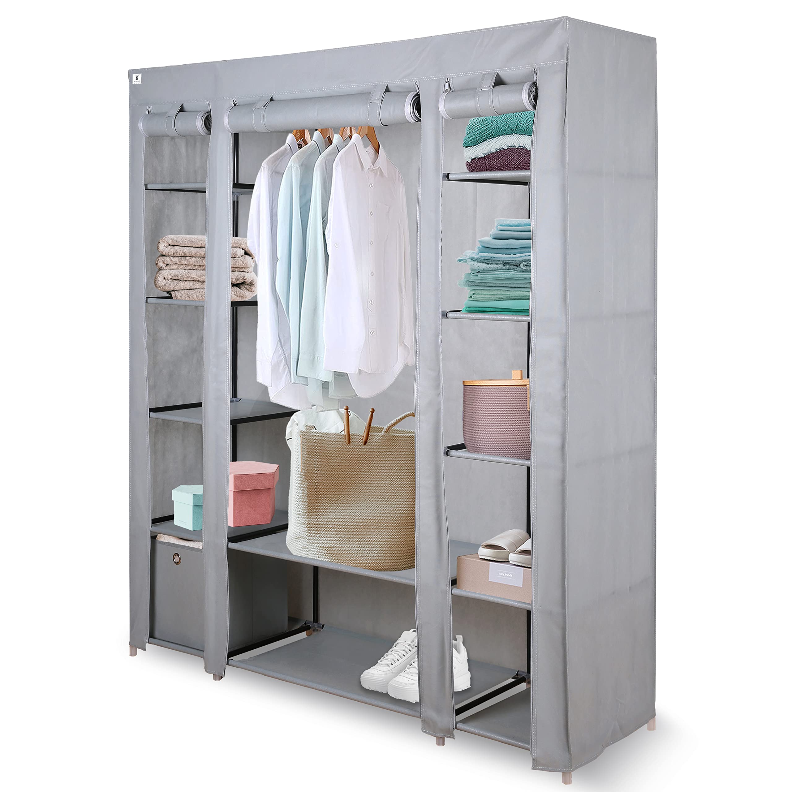 Knight Canvas Wardrobe Organiser | Spacious Free Standing Closet with Hanging Rail & Cubic Drawer | Stylish & Durable | L 150cm x W 45cm x H 175cm - Sleek - Grey