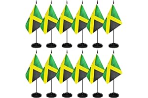 BCLIN 12 Pack Jamaica Desk Flags Set, Jamaican Small Mini Table Office Flags With 12" Solid Black Pole, Black Base and Spear Top, Miniature Desktop Flag, Home Decoration, Office Decoration, Festival Celebrations